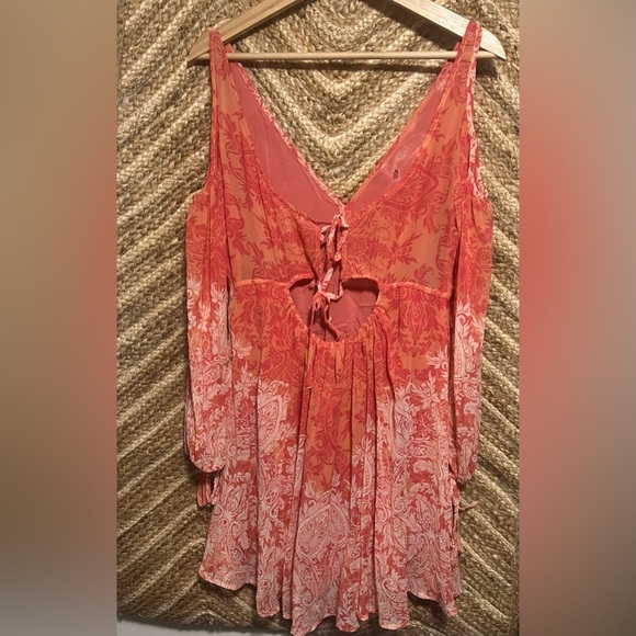 Free People Women's Penny Lover Cold Shoulder Orange Paisley Dress,Size M - Picture 6 of 14